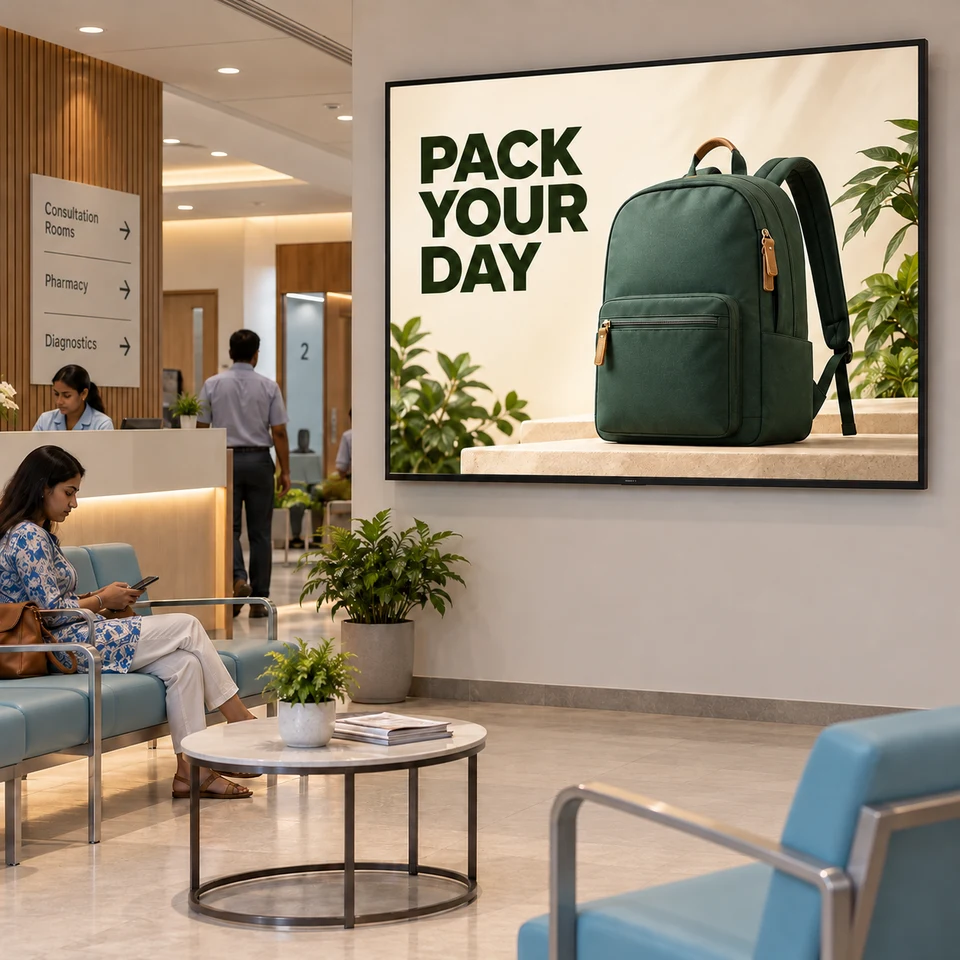 Illustrative backpack campaign on a digital screen in an Indian clinic.