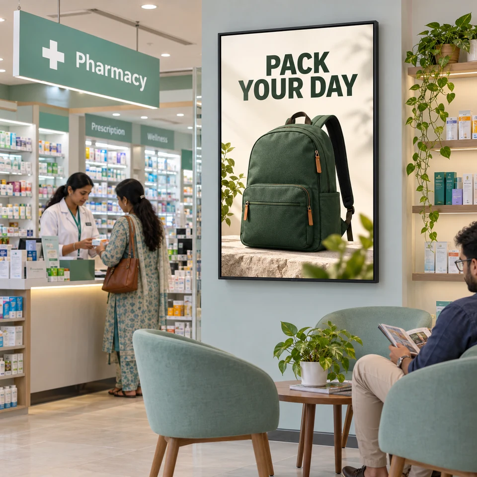 Illustrative backpack campaign on a digital screen in an Indian pharmacy.