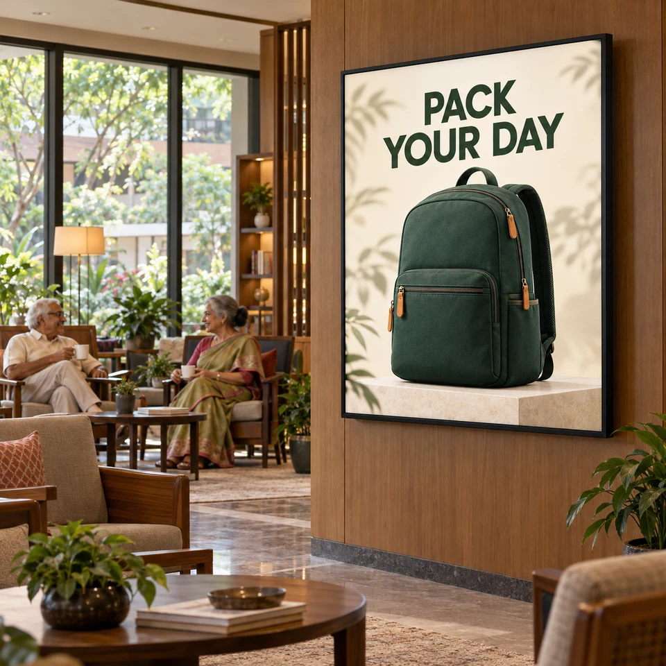 Illustrative backpack campaign on a digital screen in an Indian assisted-living lounge.